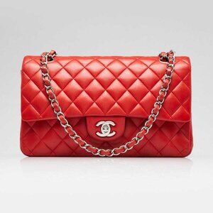 Chanel Red Quilted Lambskin Leather Classic Medium Double Flap Bag